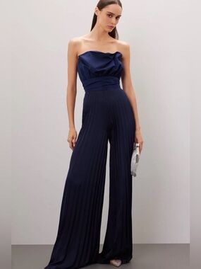 One 33 Social Strapless Navy Pleated Wide-Leg Jumpsuit